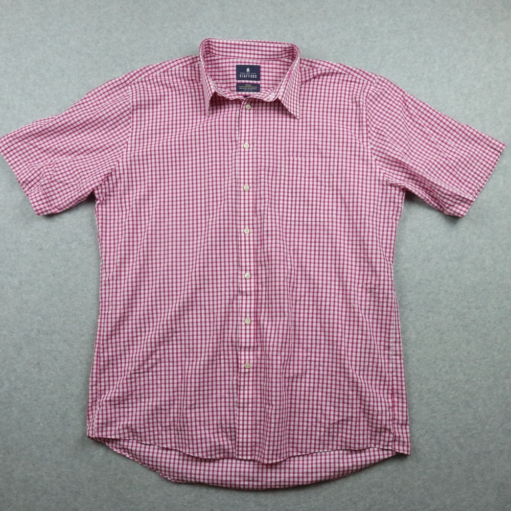 Stafford Shirt Mens XL 17.5 Regular Fit Travel Button Pink Gingham Short Sleeve